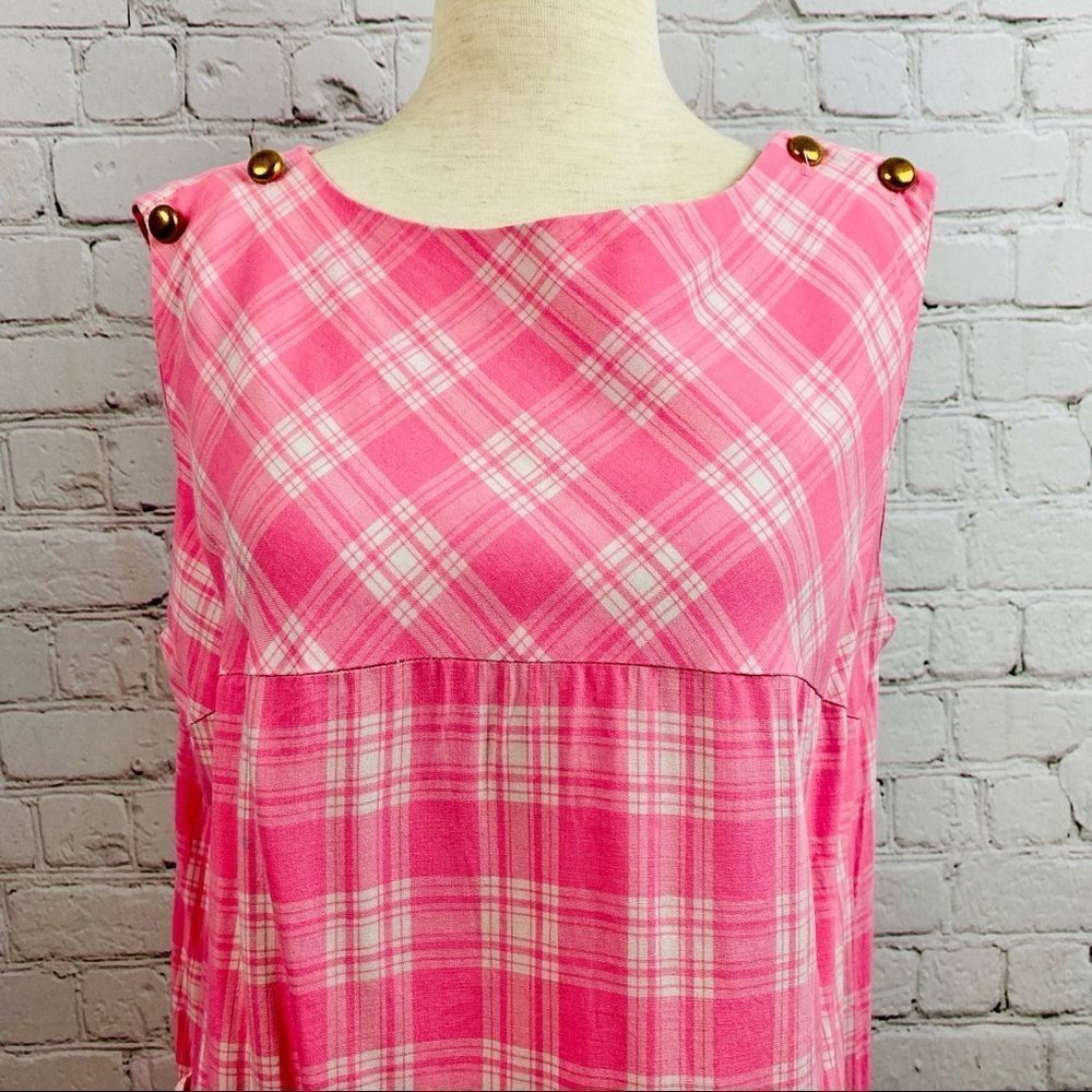 Vintage Pink Plaid Midi Dress Crew neck Sleeveless contour empire waist - Picture 3 of 11